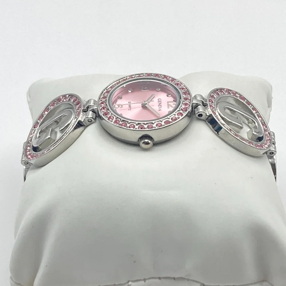 Geneva Women's Watch 26mm Silver Tone Pink Crystals Logo Band G New Battery 7